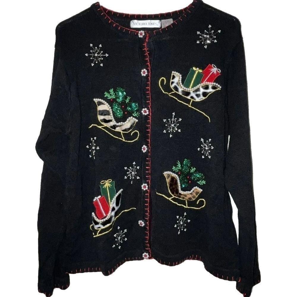 VTG Ugly Christmas‎ Sweater Size Medium Black Animal Prints Sleds Pearls Snow